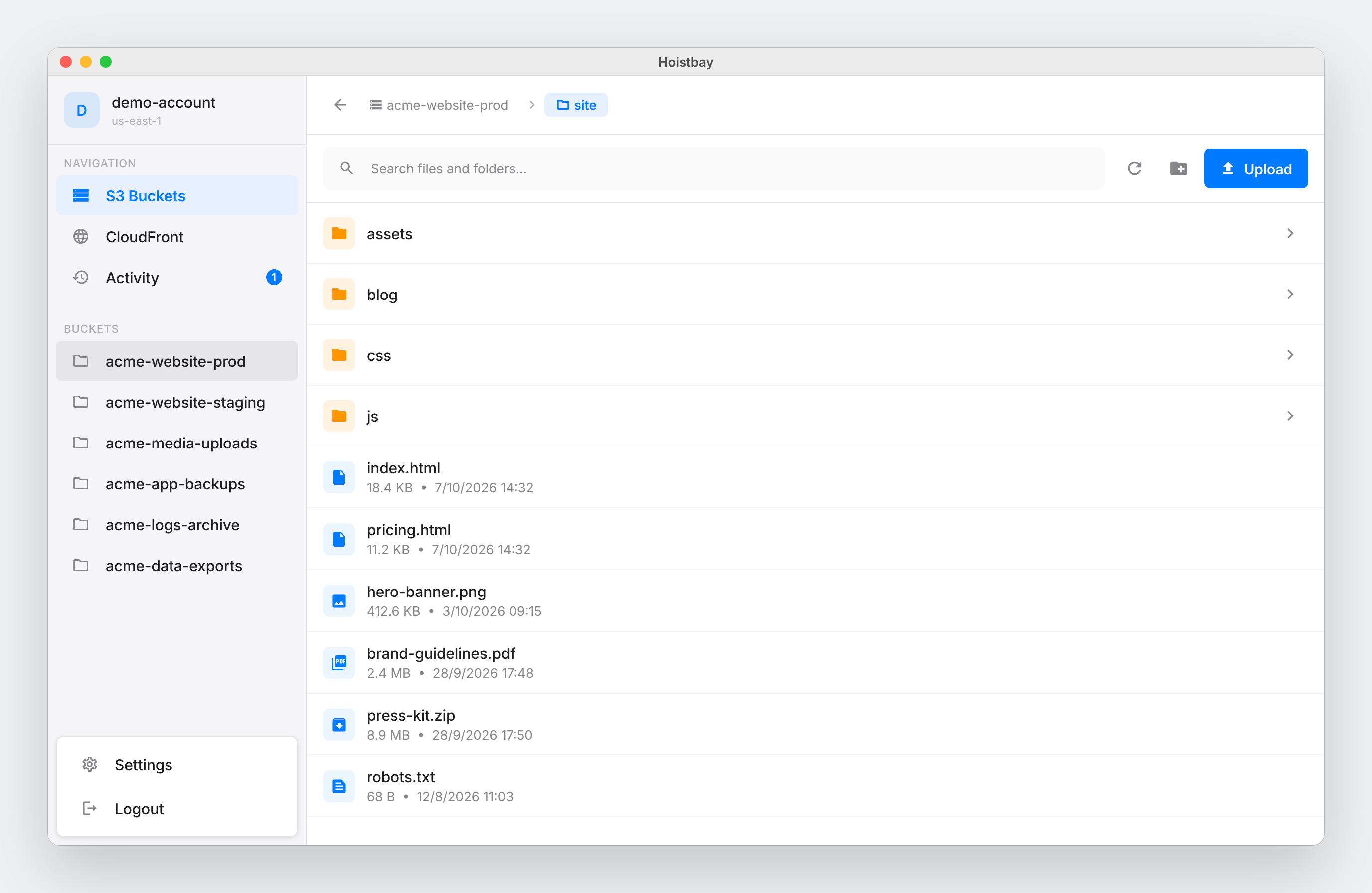 Hoistbay desktop app showing an S3 bucket